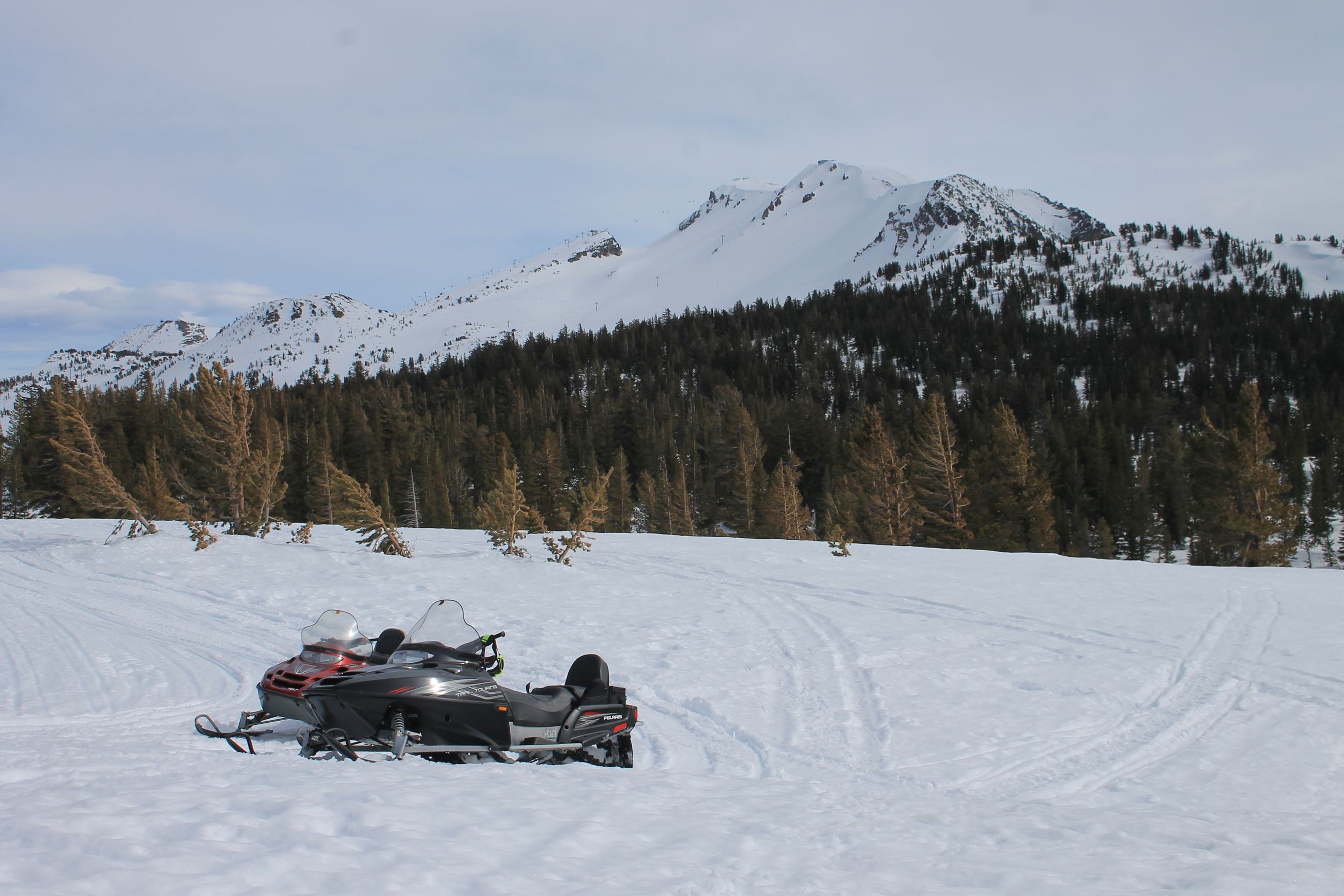 Two snowmobiles sit in a snowy meadow in front of Mammoth Mountain