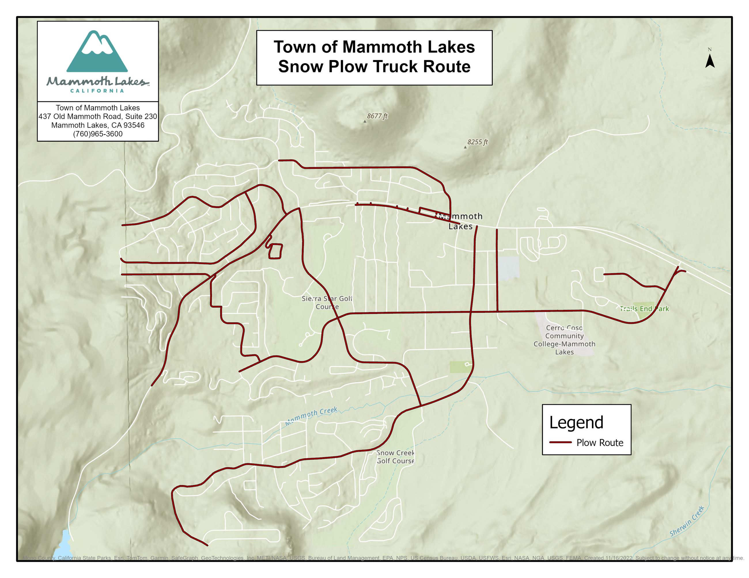 This map shows where Town of Mammoth Lakes' plow trucks clear and cinder roads during snow events